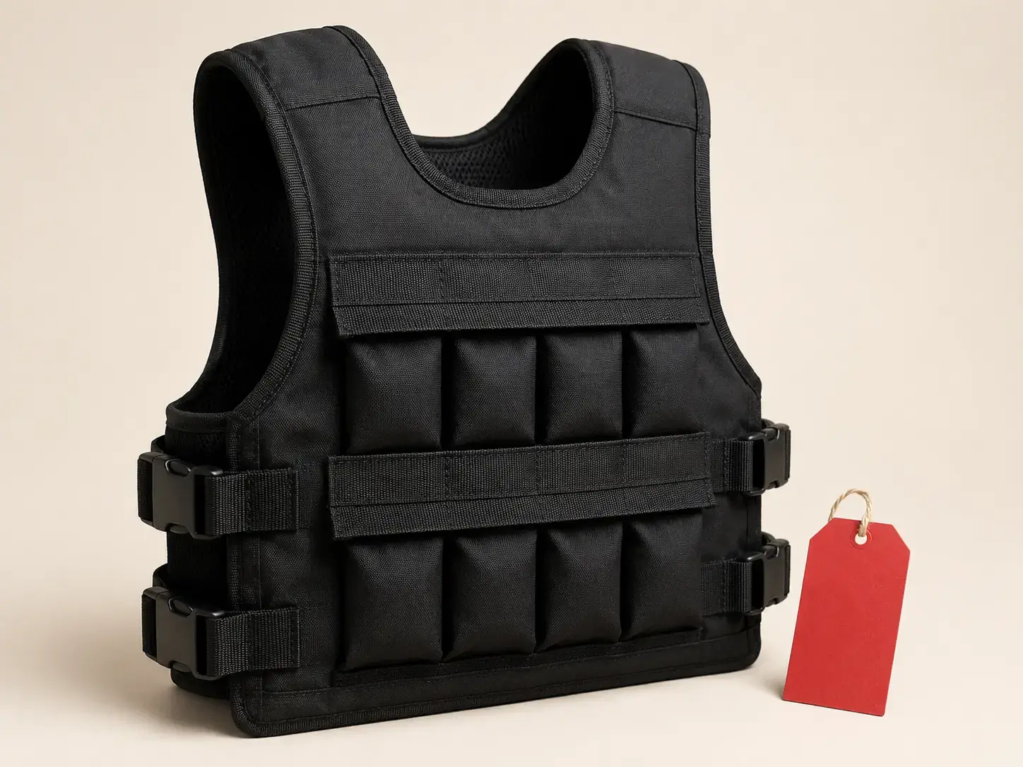 Practical black weighted vest displayed with a blank red price tag