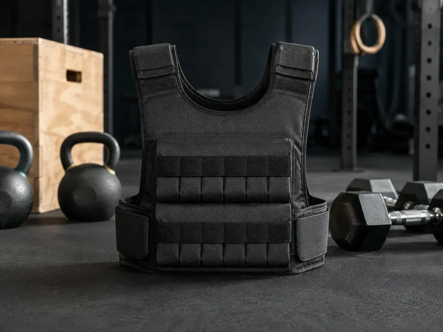 Premium black weighted vest displayed in a modern dark gym