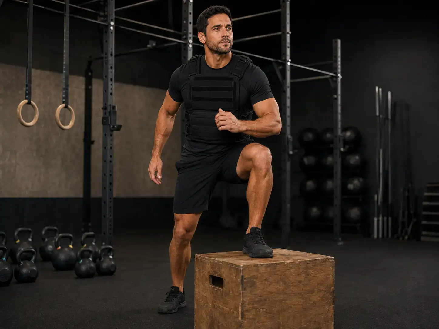 David Mitchell performing a box step-up in a black weighted vest