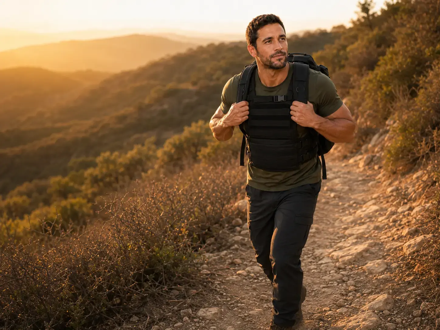 David Mitchell hiking uphill with a black weighted vest and rucking backpack