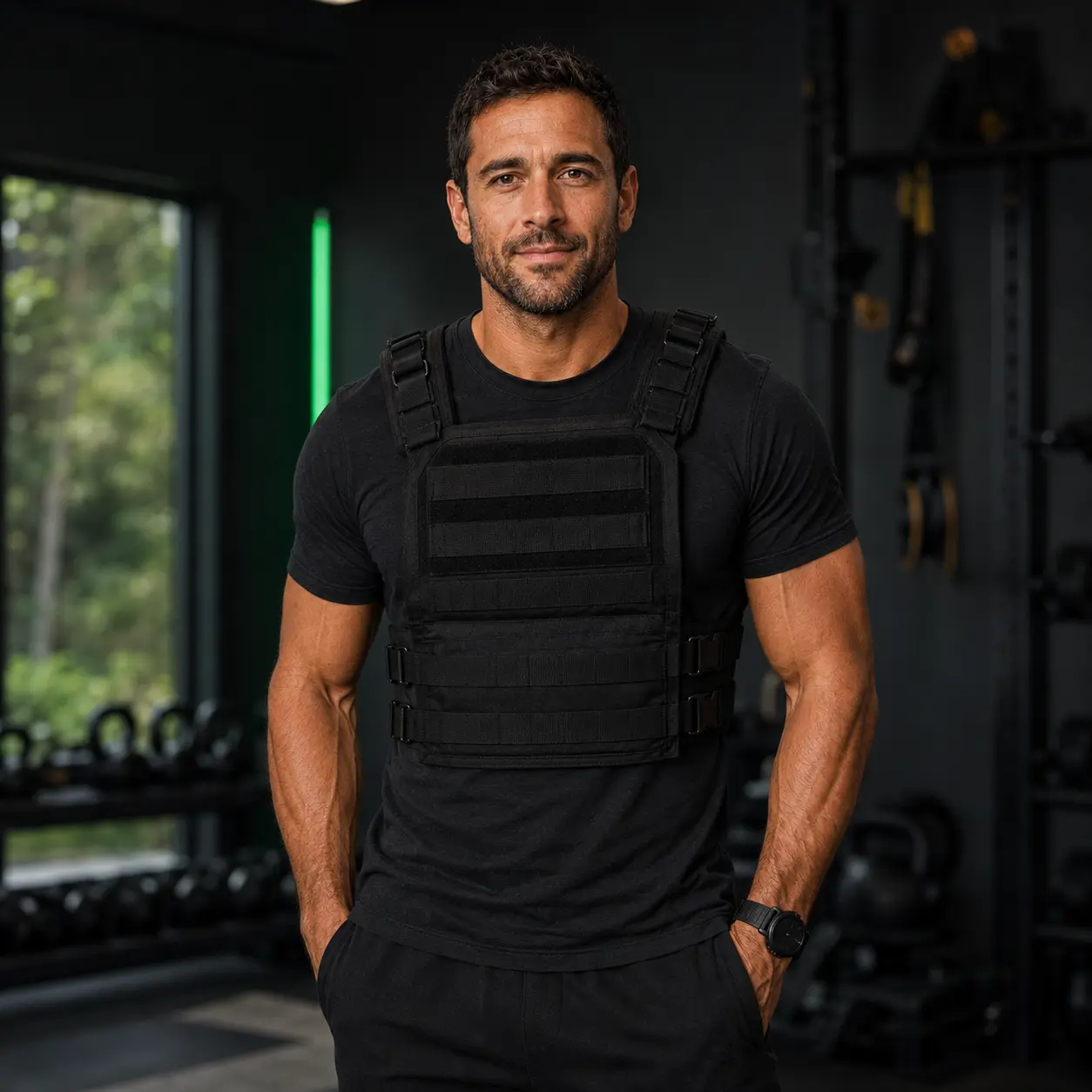 David Mitchell wearing a weighted vest in a modern gym as the founder and lead gear reviewer at VestWeightVest.com