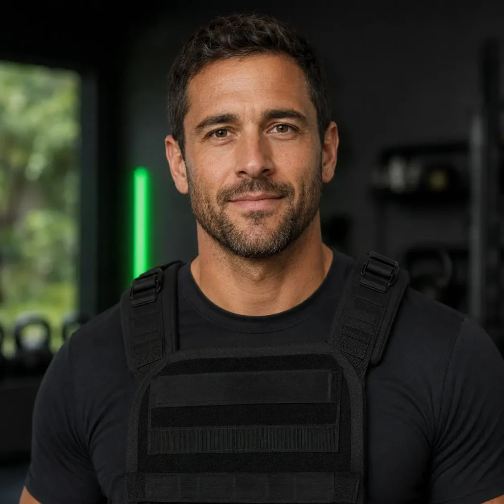 David, fitness expert at VestWeightVest, wearing a black weighted vest in a home gym.