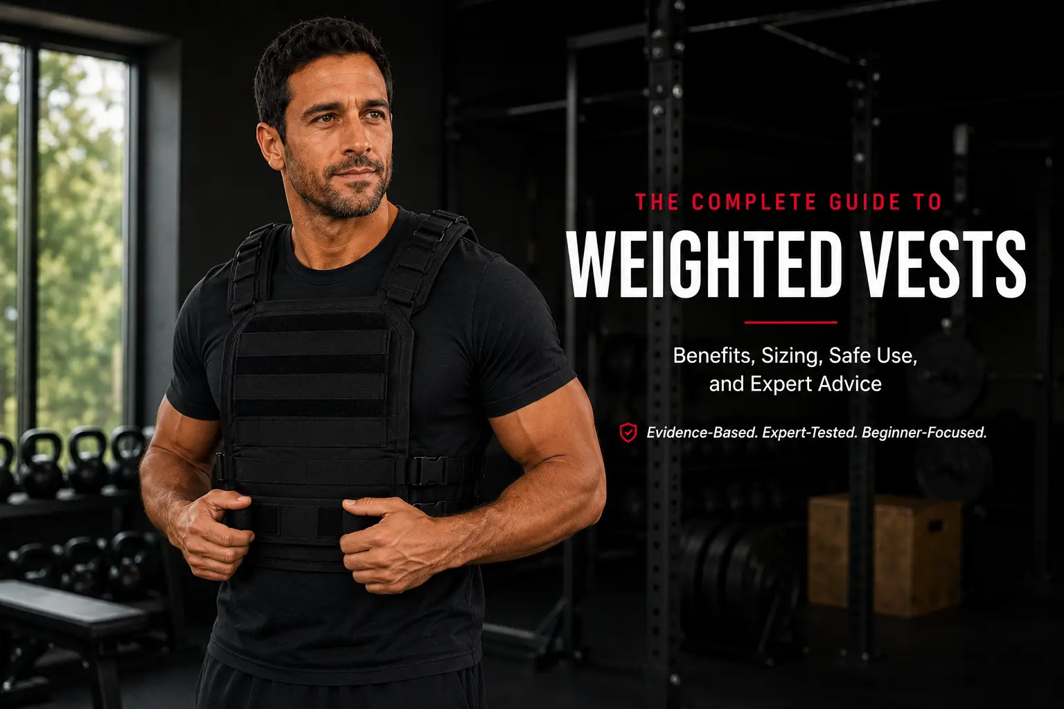 David Mitchell wearing a weighted vest in a gym for a guide to benefits, sizing, and safe use.